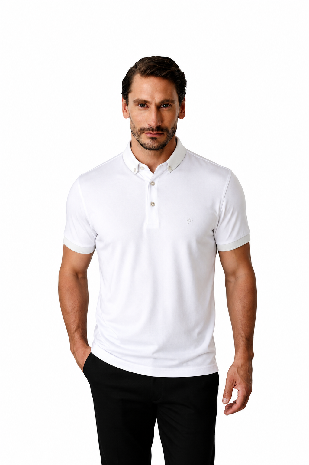 Beyaz Slim Fit Dar Kalıp Düğmeli Polo Yaka Düz Kısa Kollu Pamuklu Tişört