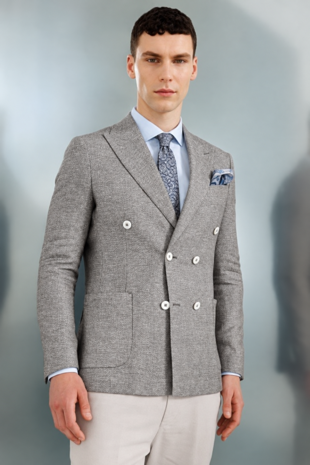 Erkek Gri Slim Fit Dar Kalıp Geniş Kırlangıç Yaka Desenli Ceket