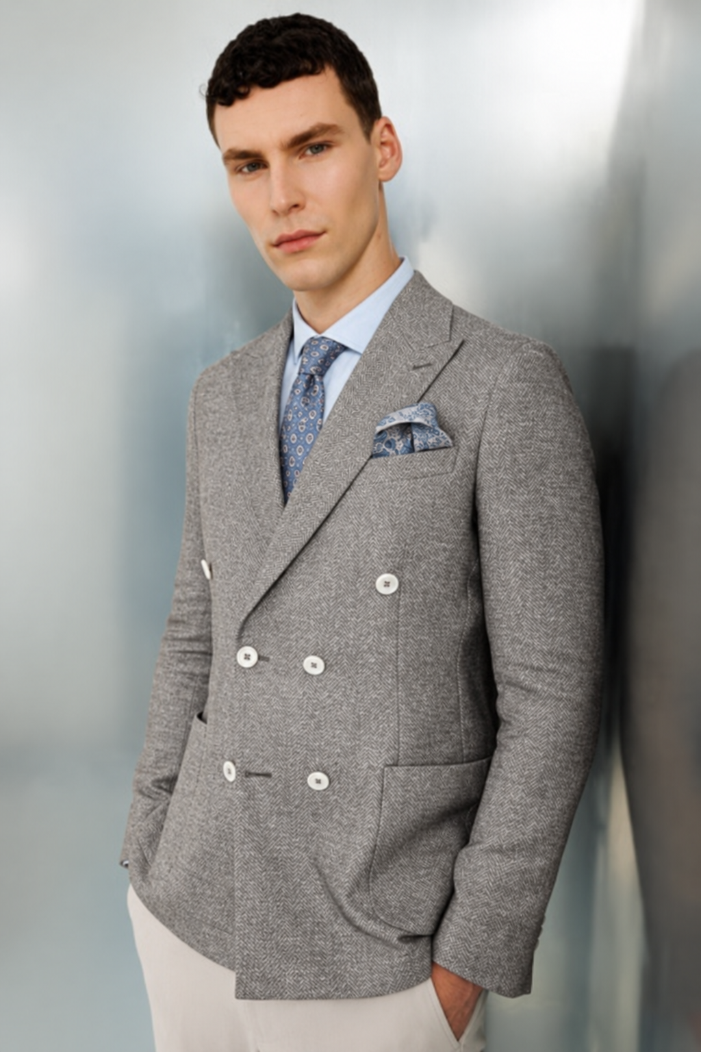 Erkek Gri Slim Fit Dar Kalıp Geniş Kırlangıç Yaka Desenli Ceket