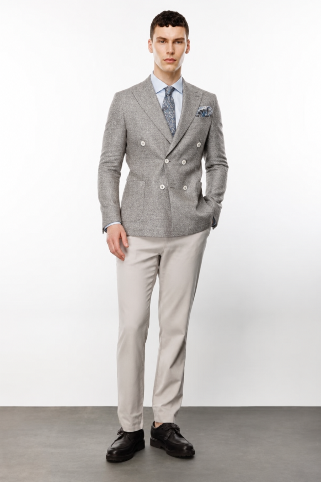 Erkek Gri Slim Fit Dar Kalıp Geniş Kırlangıç Yaka Desenli Ceket