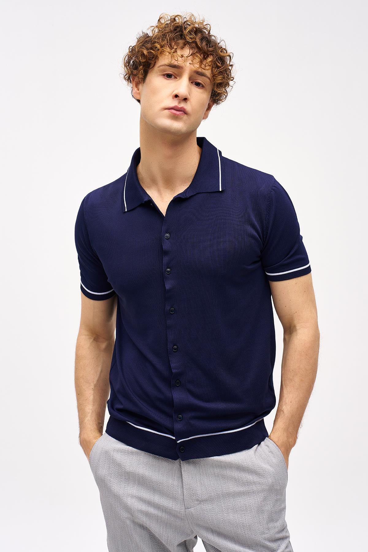 ERKEK LACİVERT STANDART POLO YAKA TRİKO KISA KOL