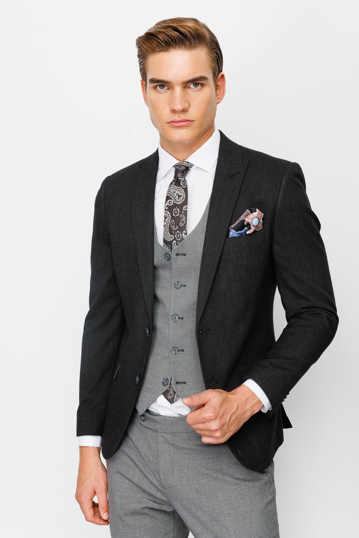 ERKEK SİYAH SLIM FIT / DAR KALIP İNCE KIRLANGIÇ KOMBİNLİ TAKIM ELBİSE