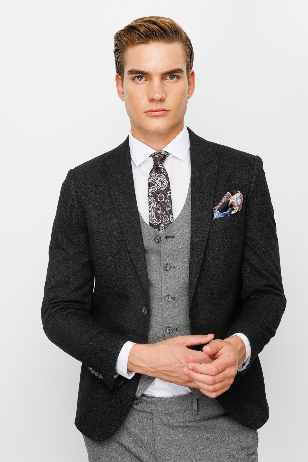 ERKEK SİYAH SLIM FIT / DAR KALIP İNCE KIRLANGIÇ KOMBİNLİ TAKIM ELBİSE