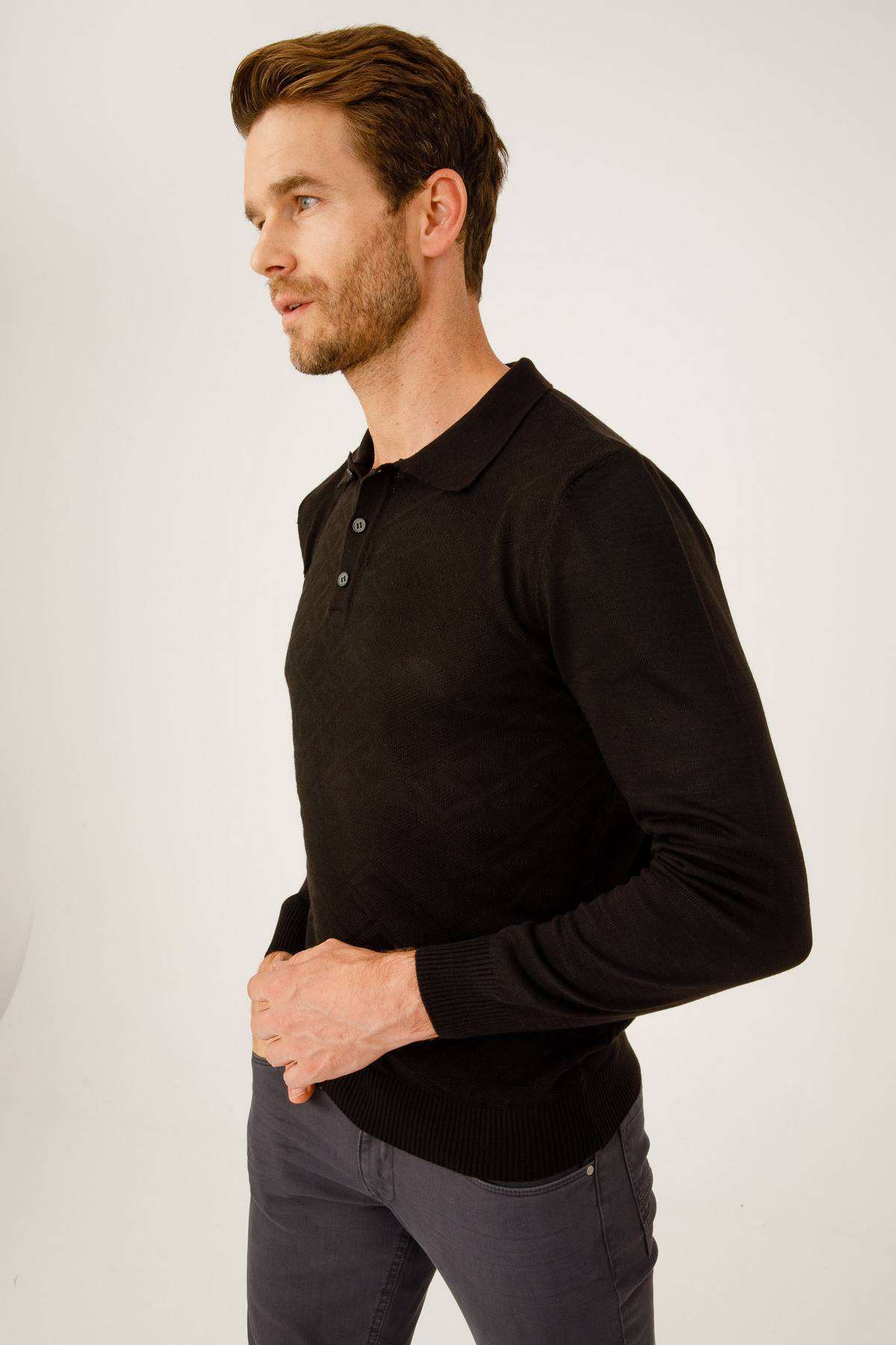 ERKEK SİYAH STANDART POLO YAKA DÜĞMELİ SWEATSHİRT