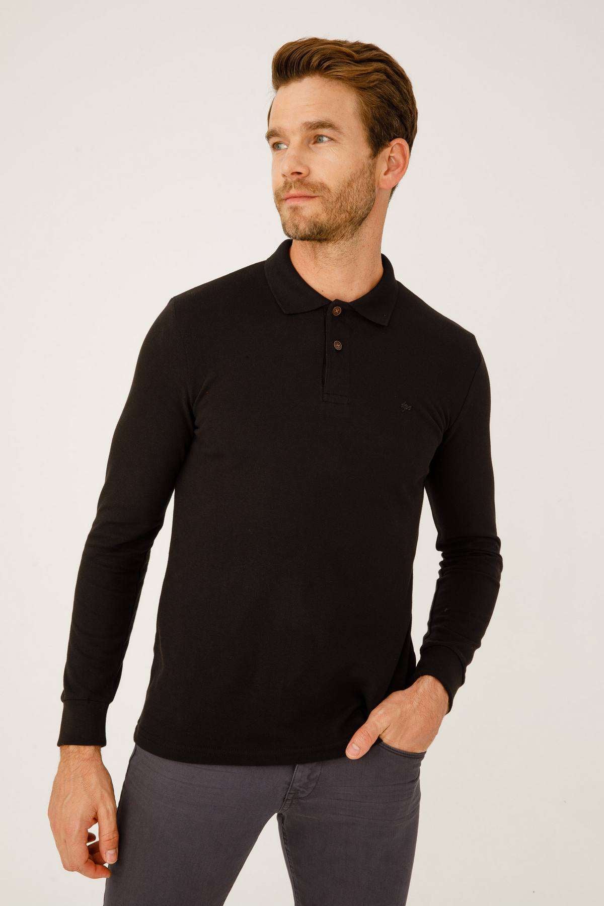 ERKEK SİYAH STANDART POLO YAKA DÜĞMELİ SWEATSHİRT