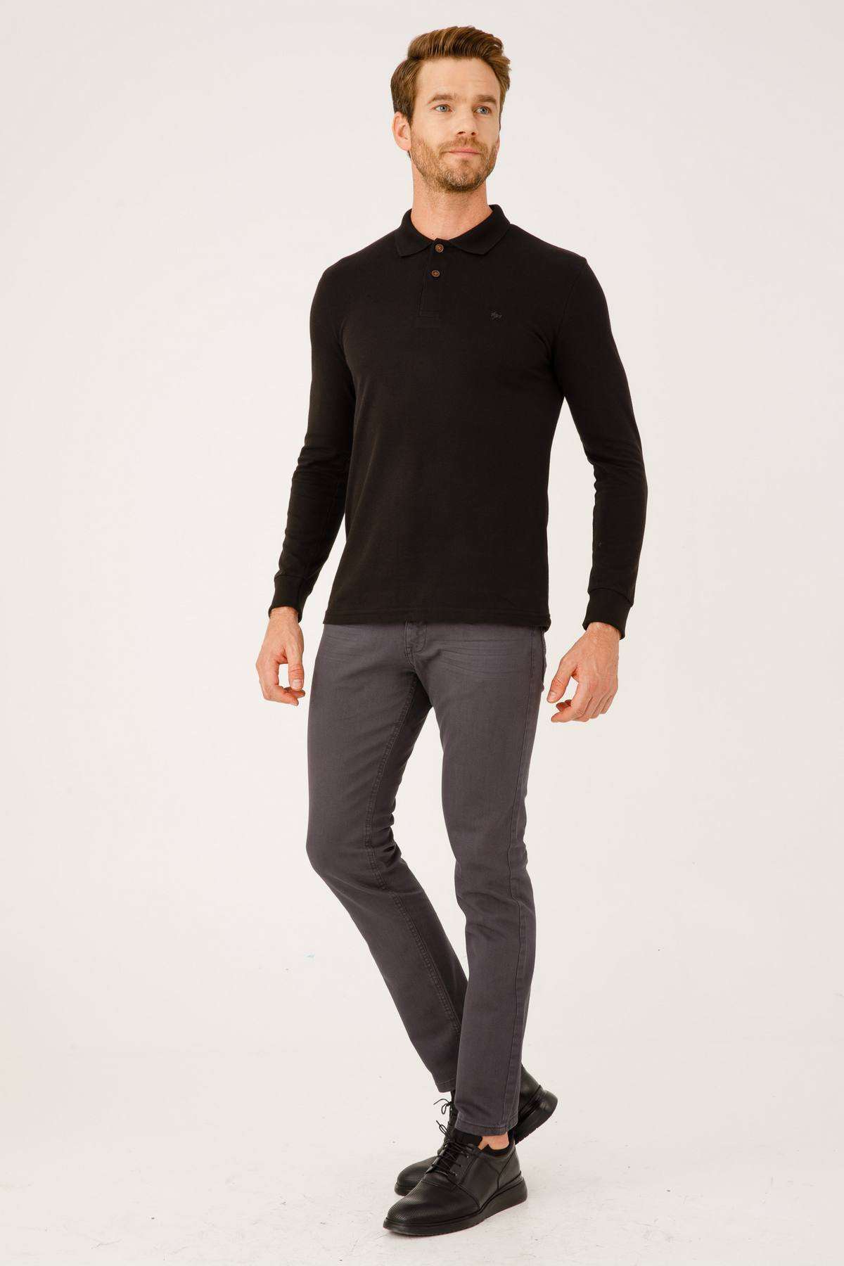 ERKEK SİYAH STANDART POLO YAKA DÜĞMELİ SWEATSHİRT