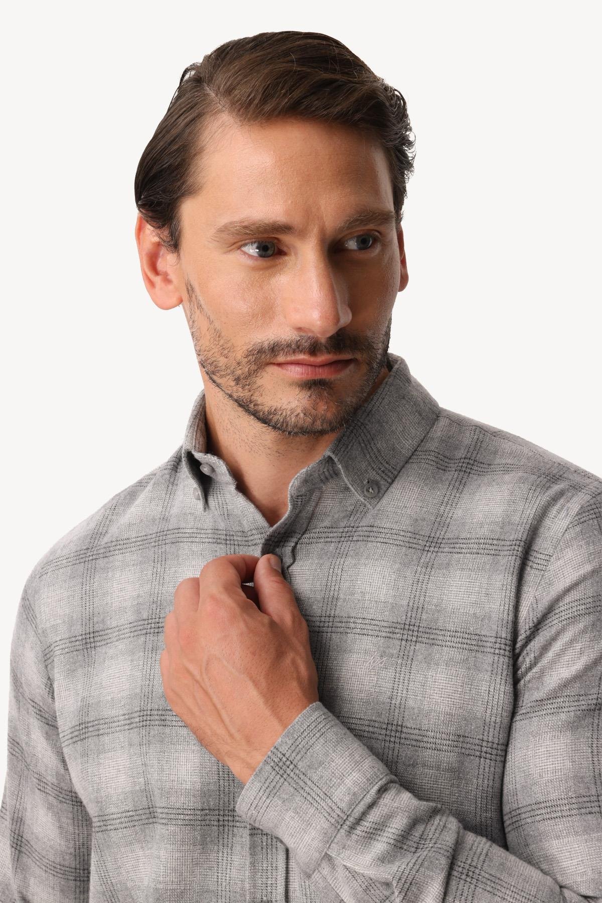 Gri Dynamic Fit  Düğmeli Yaka  Ekose Uzun Kollu Pamuklu Gömlek