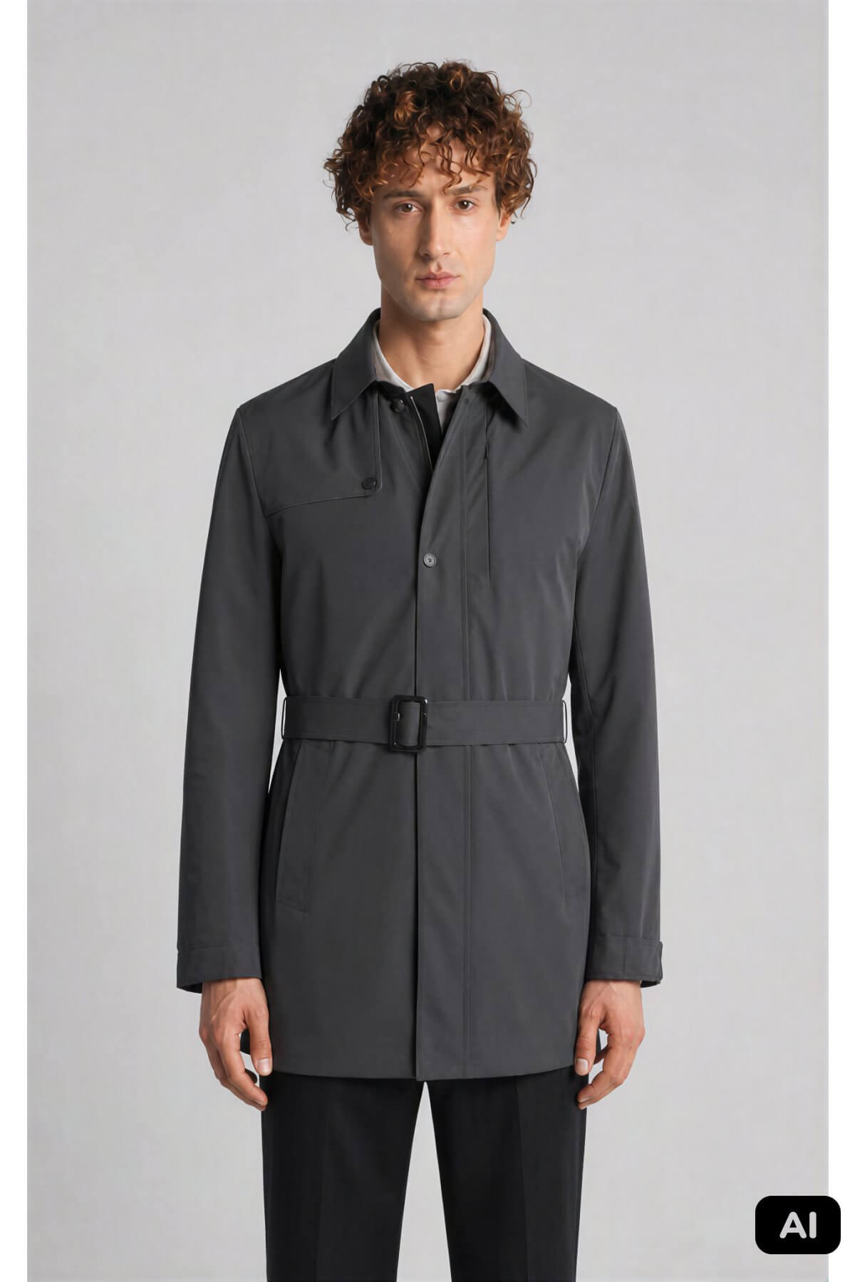 Gri Regular Fit Standart Kalıp Gömlek Yaka Polyester Trenç