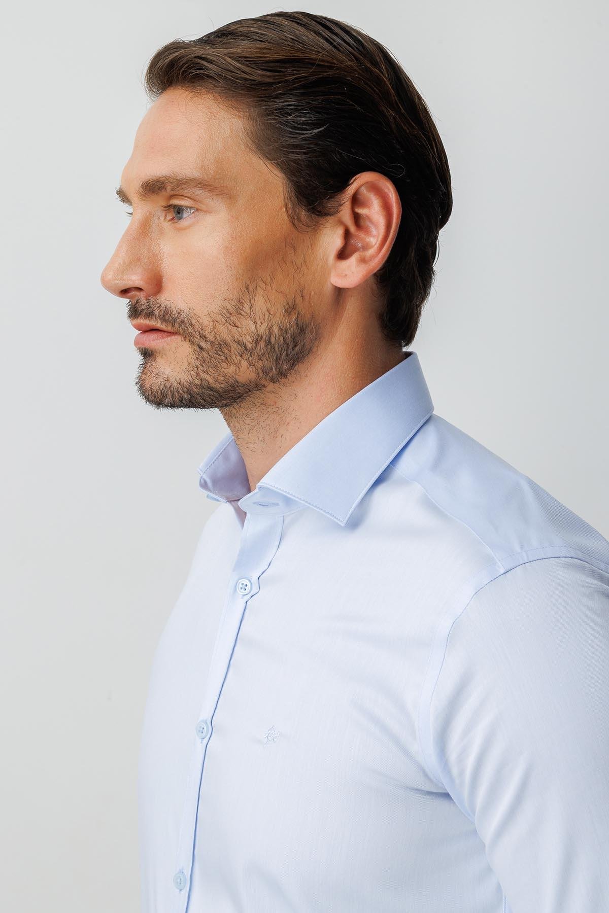 Mavi Slim Fit Dar Kalıp Klasik Yaka Düz Uzun Kollu Cepsiz %100 Pamuk Gömlek