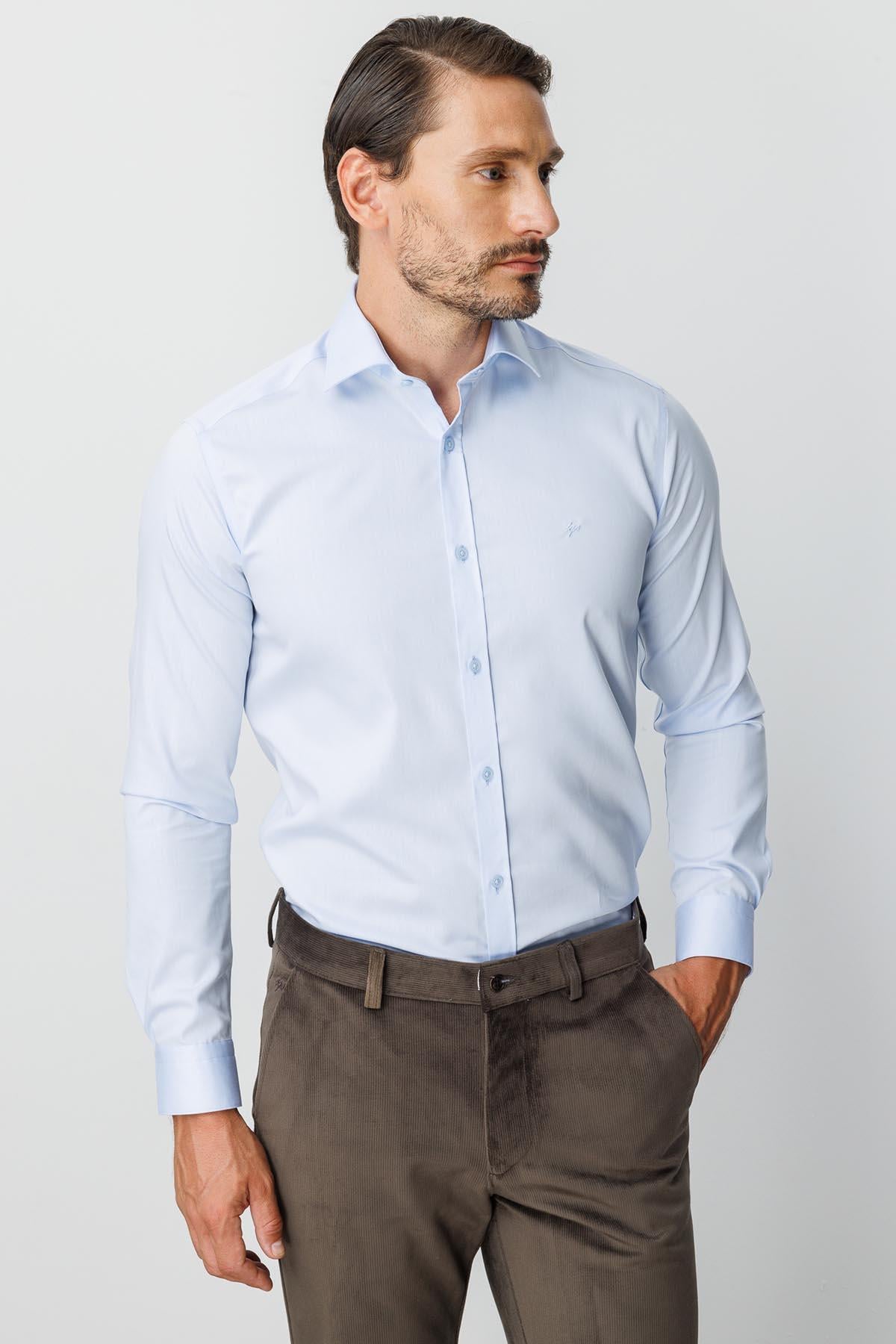 Mavi Slim Fit Dar Kalıp Klasik Yaka Düz Uzun Kollu Cepsiz %100 Pamuk Gömlek