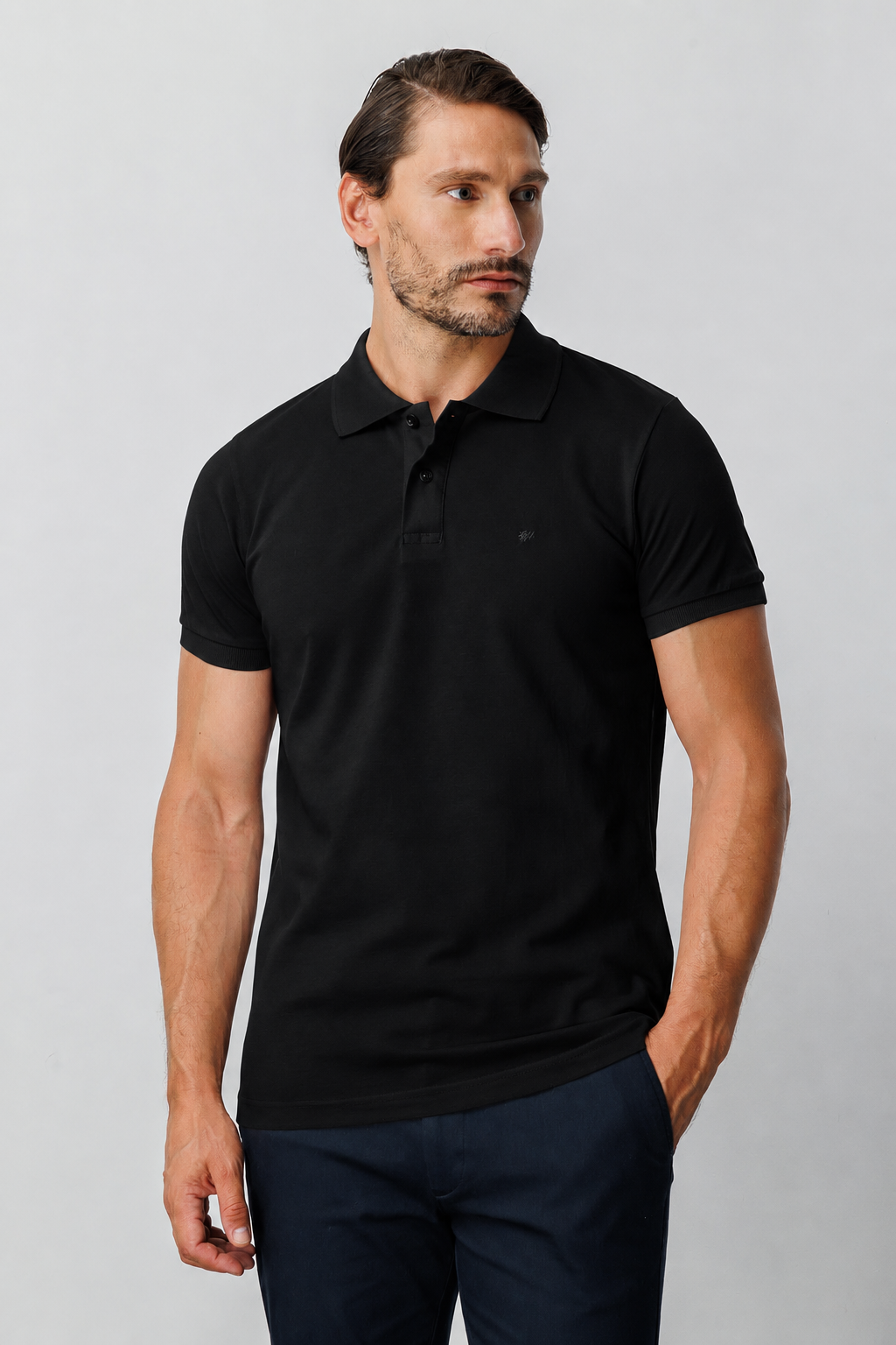 Siyah Modern Fit Dar Kalıp Polo Yaka Düz Kısa Kollu %100 Pamuk Tişört