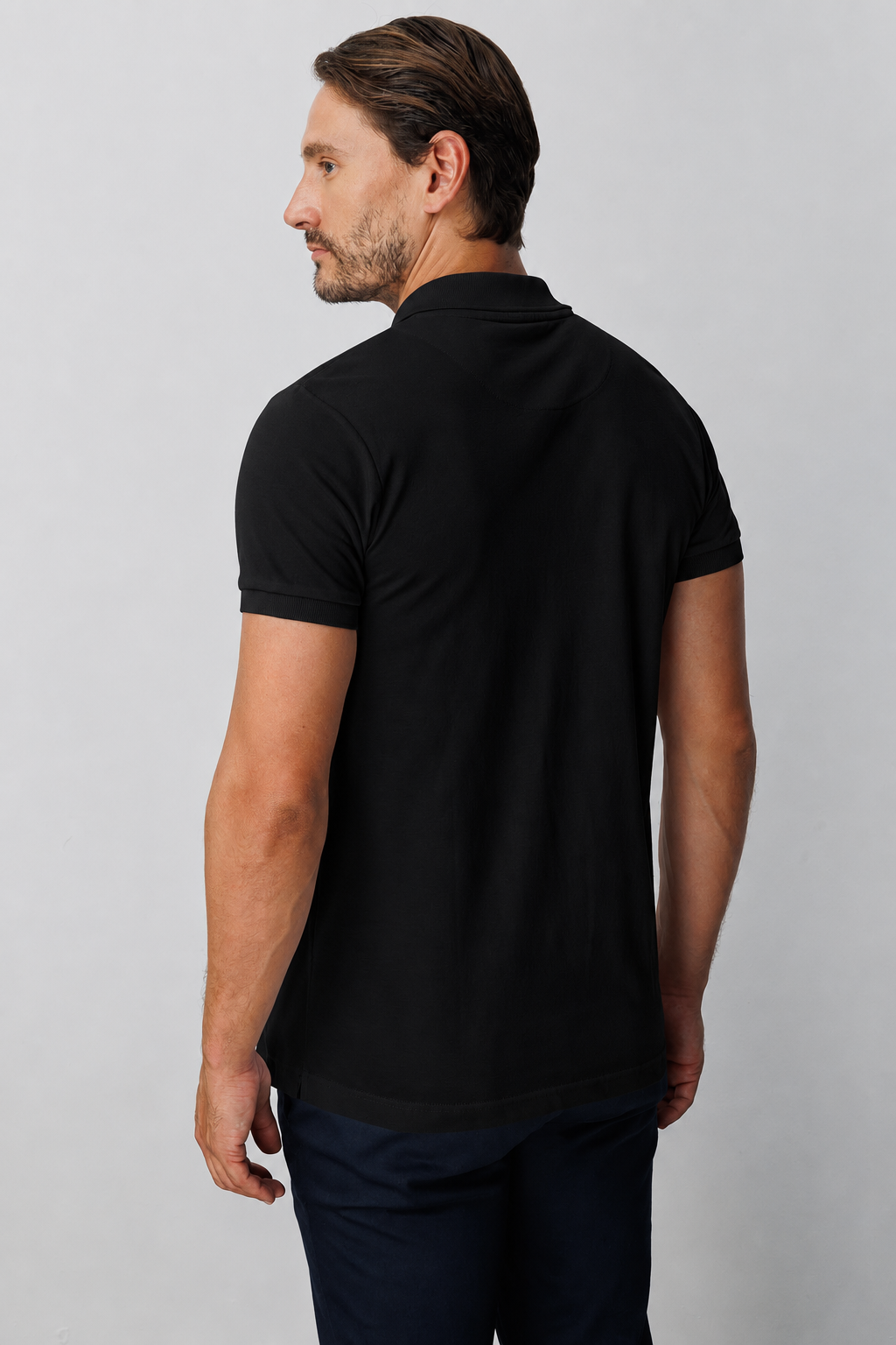 Siyah Modern Fit Dar Kalıp Polo Yaka Düz Kısa Kollu %100 Pamuk Tişört