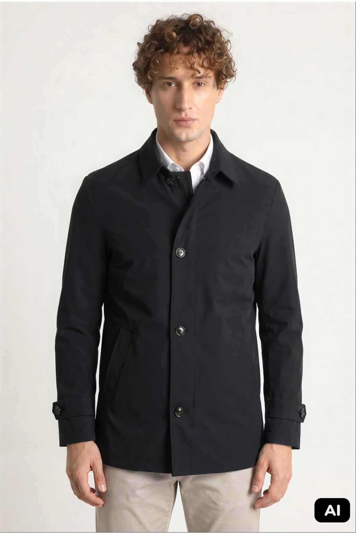 Siyah Regular Fit Gömlek Yaka Polyester Trench