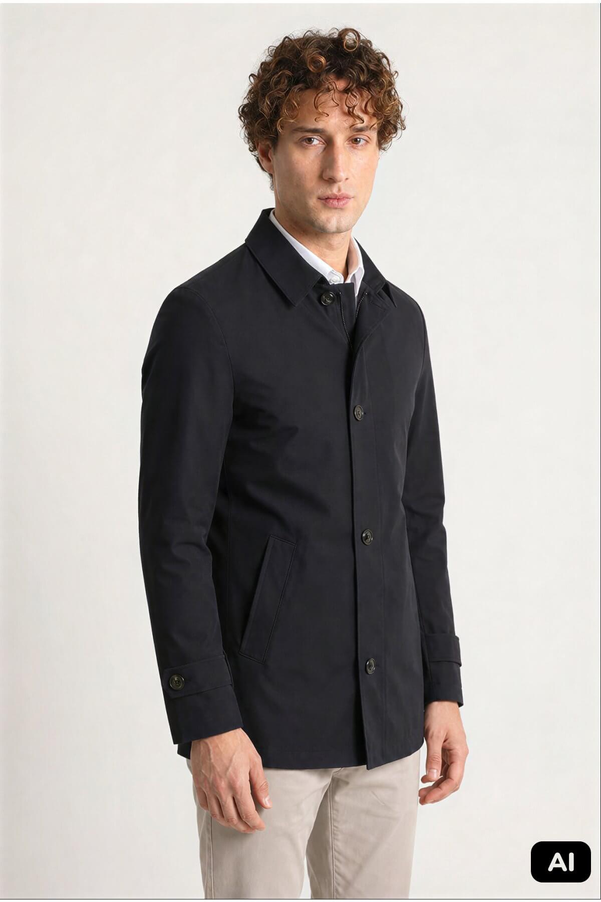 Siyah Regular Fit Gömlek Yaka Polyester Trench