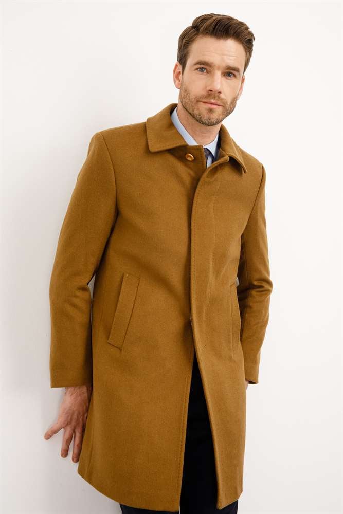 WOOL&CASHMERE PALTO ERKEK CAMEL MODERNFİT / DAR KALIP STD PALTO