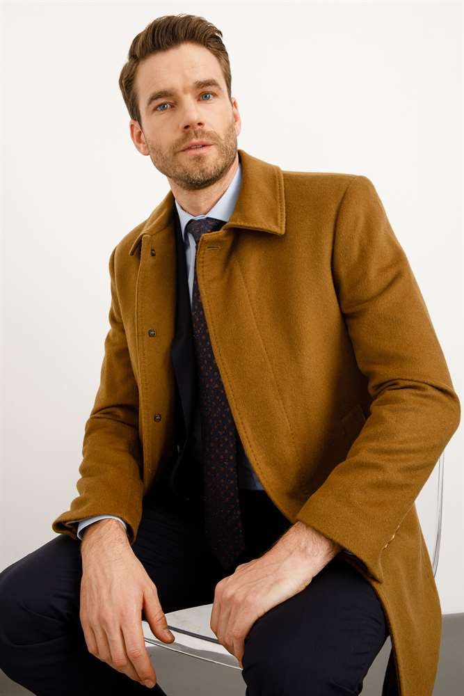 WOOL&CASHMERE PALTO ERKEK CAMEL MODERNFİT / DAR KALIP STD PALTO
