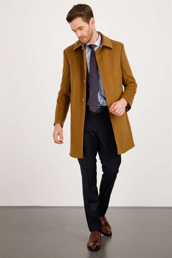 WOOL&CASHMERE PALTO ERKEK CAMEL MODERNFİT / DAR KALIP STD PALTO