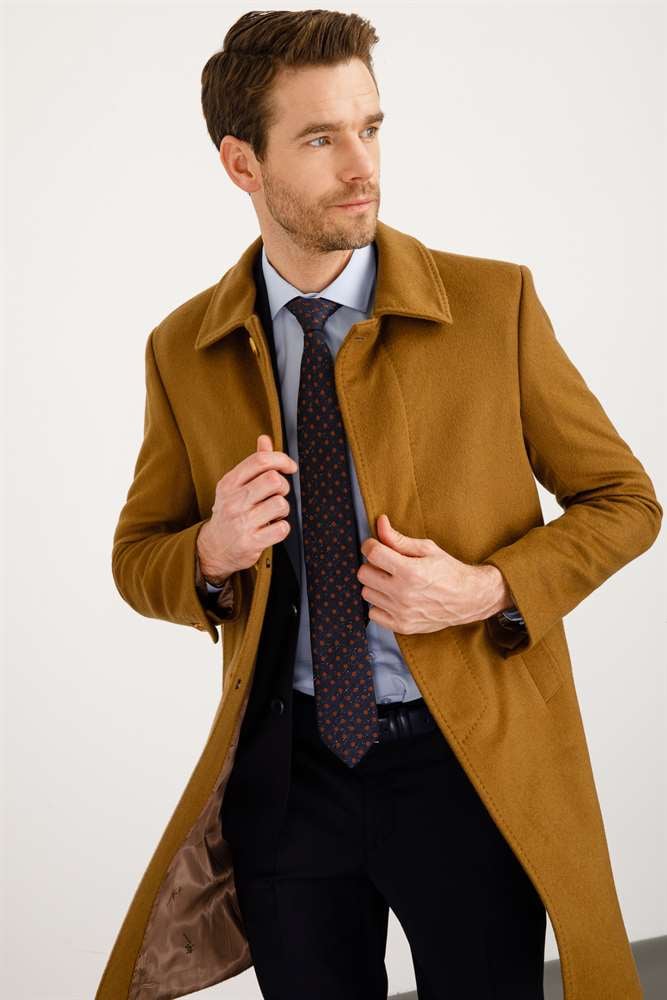 WOOL&CASHMERE PALTO ERKEK CAMEL MODERNFİT / DAR KALIP STD PALTO