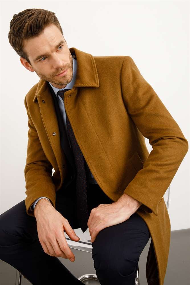 WOOL&CASHMERE PALTO ERKEK CAMEL MODERNFİT / DAR KALIP STD PALTO
