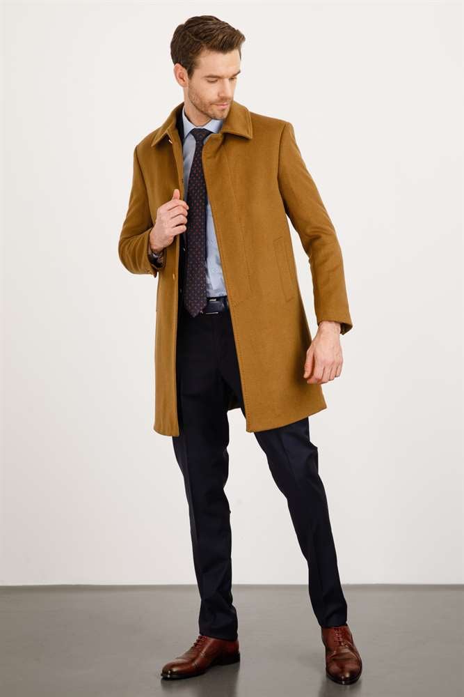 WOOL&CASHMERE PALTO ERKEK CAMEL MODERNFİT / DAR KALIP STD PALTO