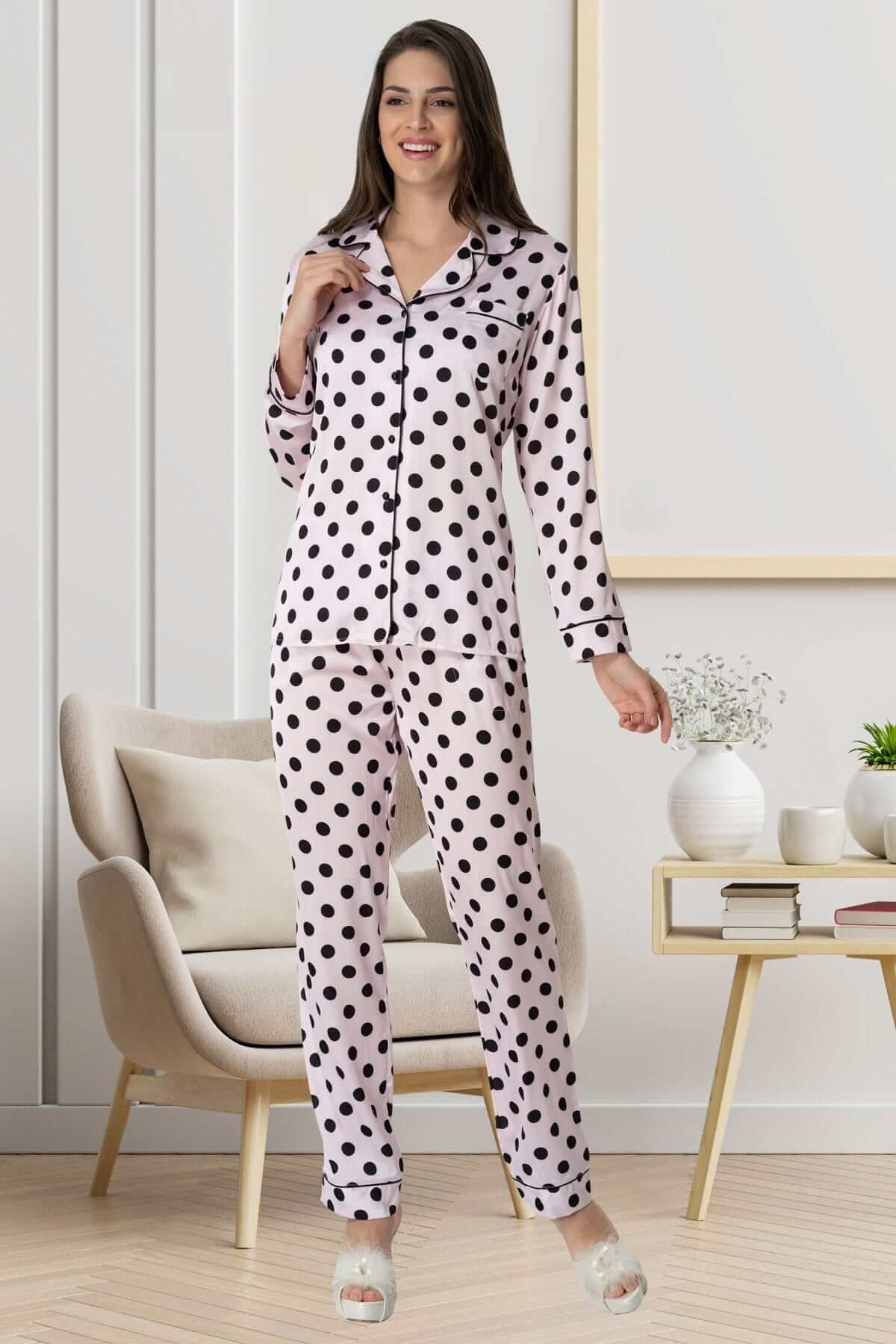 Carpediem 1552 Puantiyeli Saten Pembe Sabahlıklı Lohusa Pijama Takımı