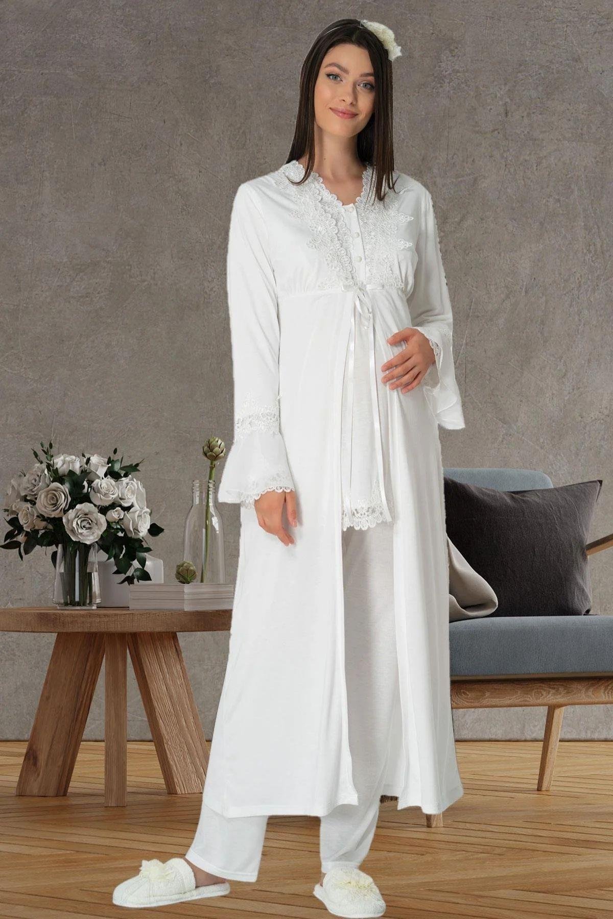 Mecit 1517 Ekru Sabahlıklı Lohusa Pijama Takımı
