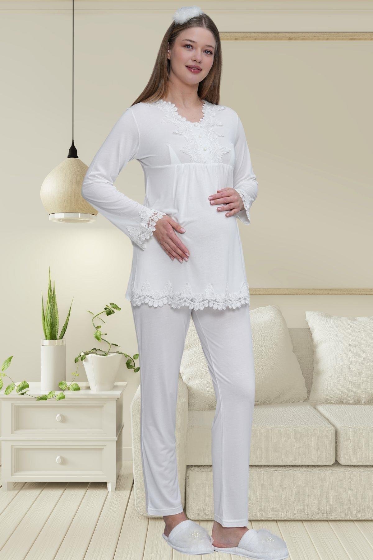 Mecit 1519 Ekru Lohusa Sabahlık Gecelik Pijama Set