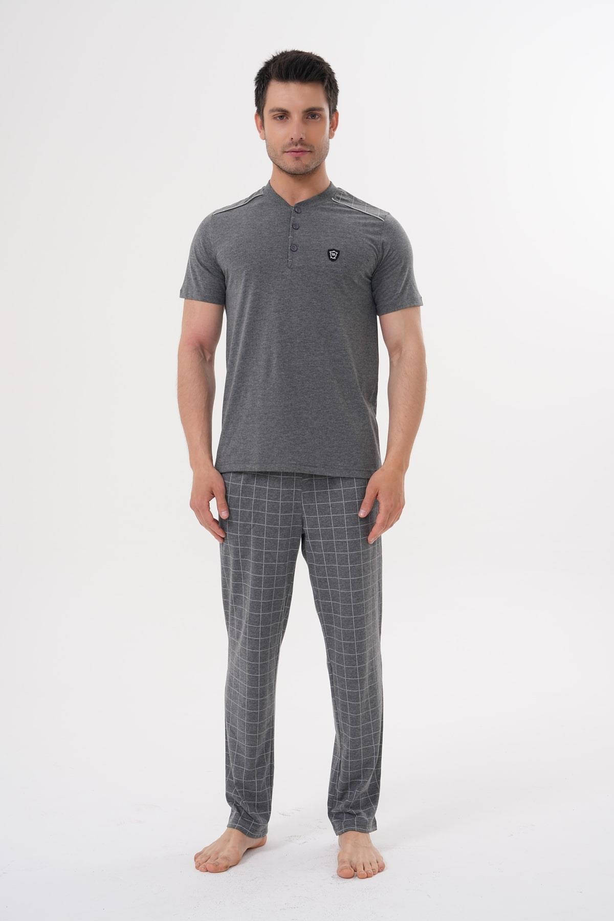 Mecit 2981 Füme Büyük Beden Kısa Kollu Erkek Pijama Takımı