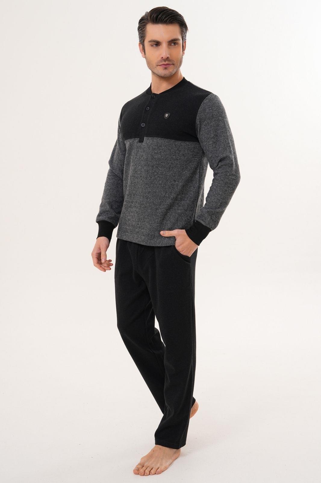 Mecit 2999 Gri-Siyah Selanik Kumaş Kışlık Erkek Pijama Takımı