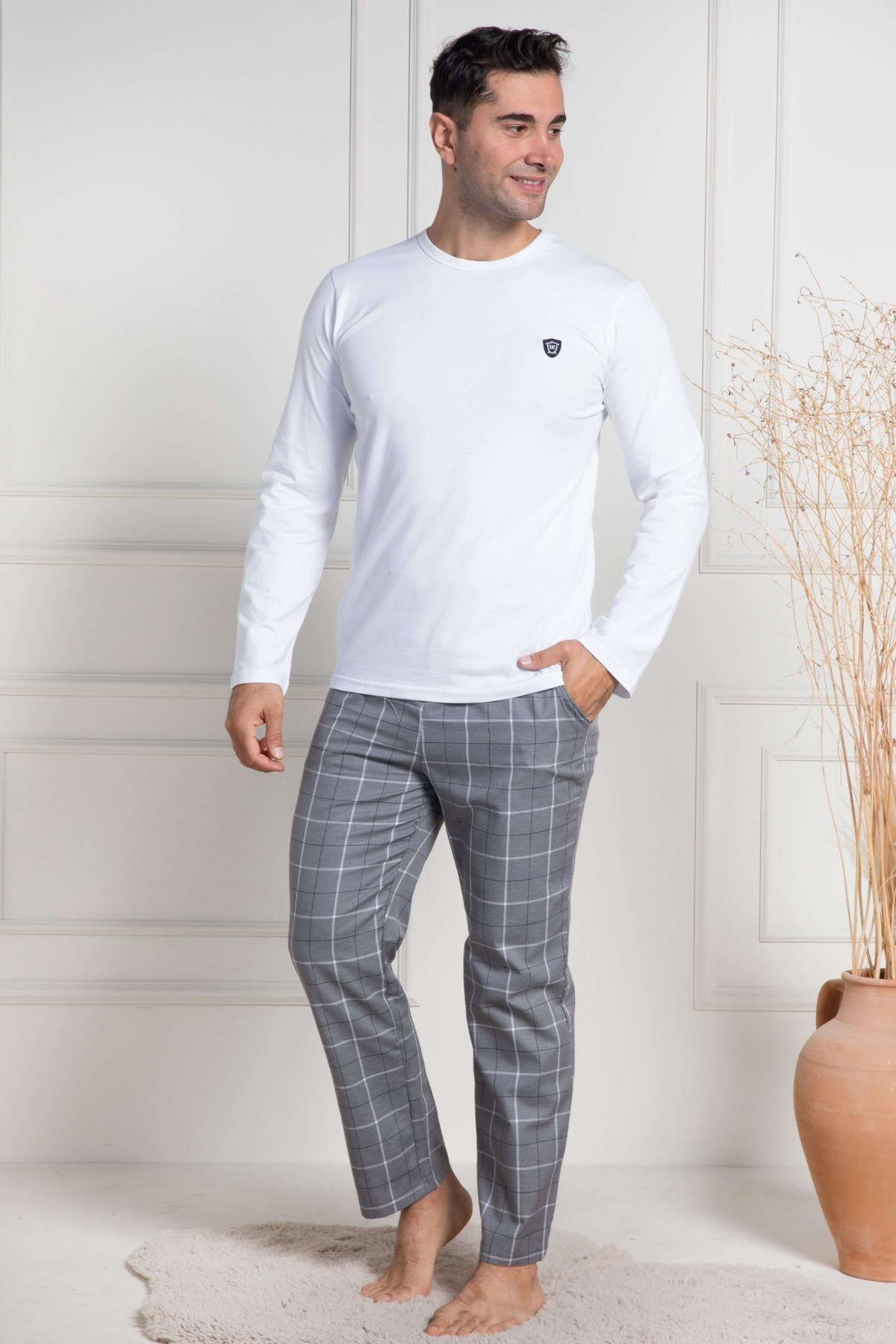 Mecit 3054 Beyaz Ekoseli Erkek Büyük Beden Pijama Takımı