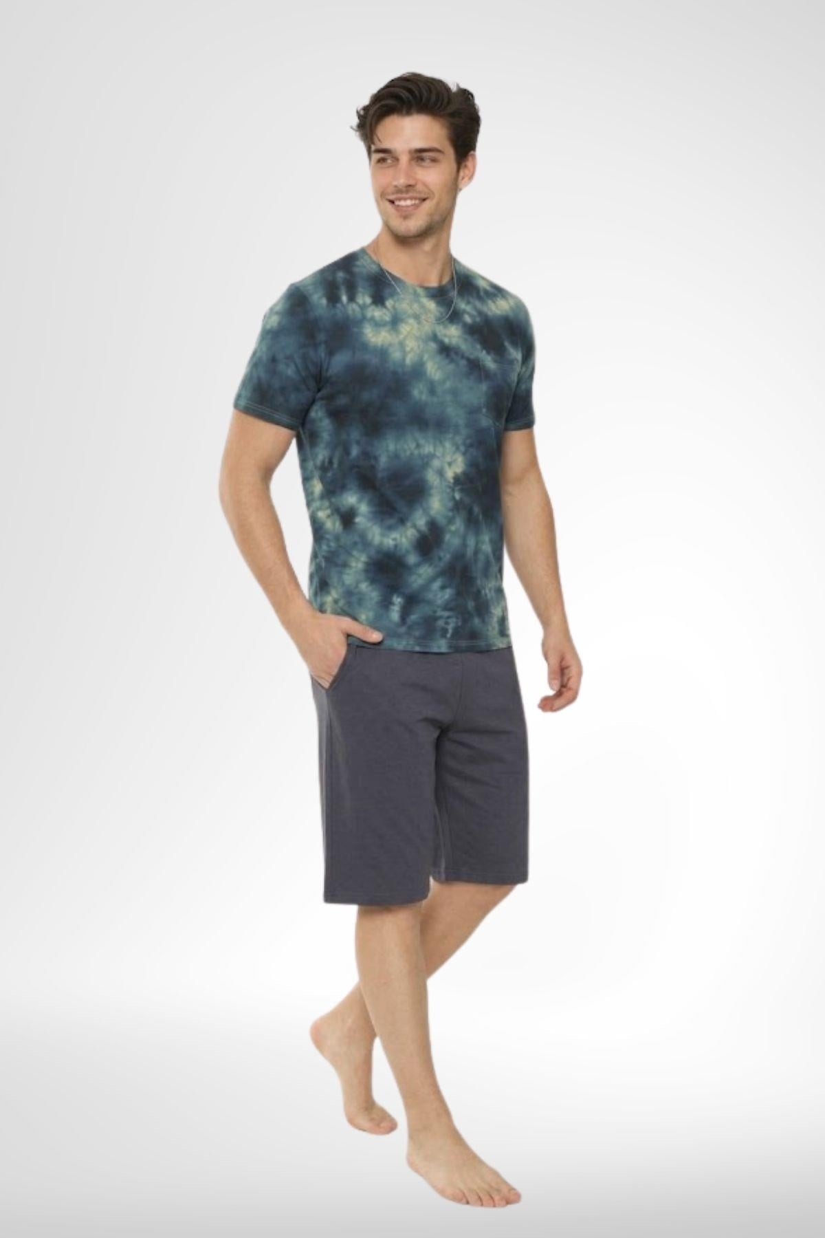 Mecit 4001 Lacivert Batik Desenli %100 Pamuk Şortlu Erkek Pijama Takımı