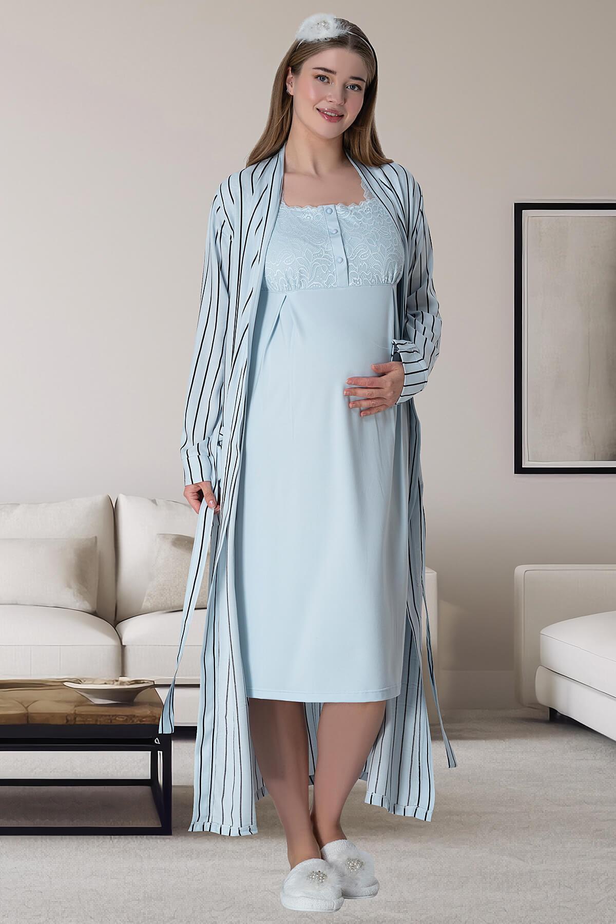 Mecit 6063 Mavi Çizgili Uzun Sabahlıklı Gecelik Pijama Lohusa Set