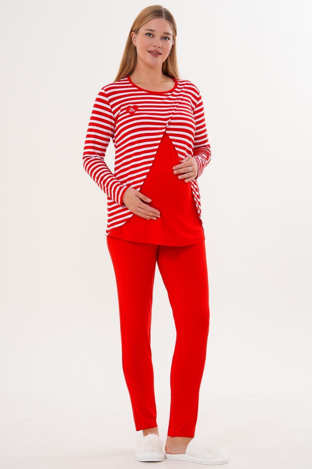 Mecit 6303 Kırmızı Likralı Spor Hamile Lohusa Pijama Takımı