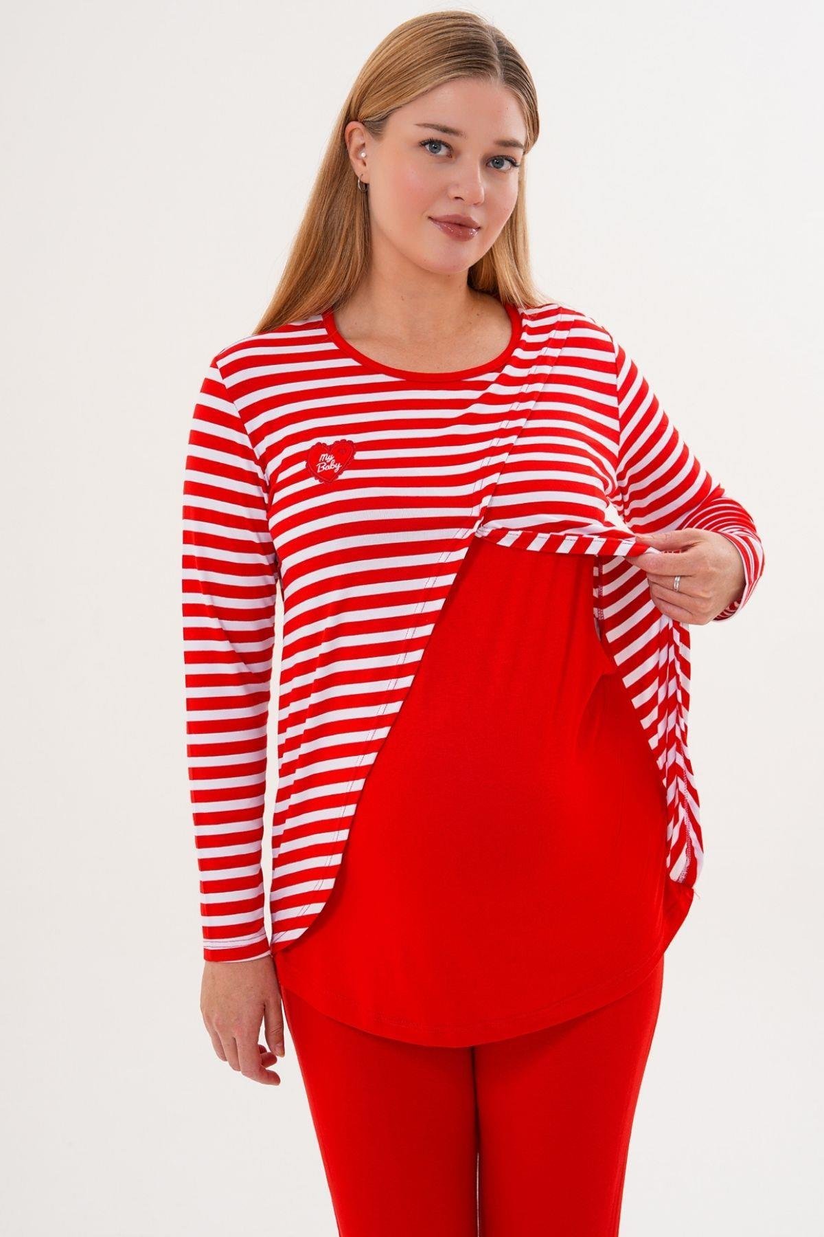 Mecit 6303 Kırmızı Likralı Spor Hamile Lohusa Pijama Takımı