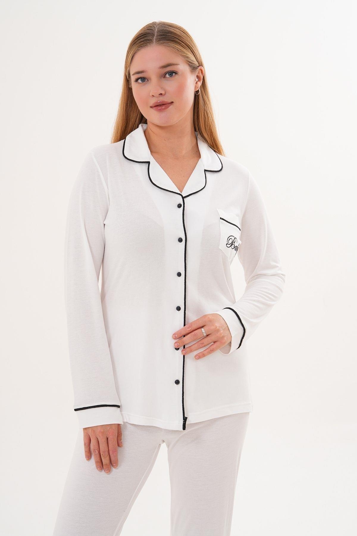 Mecit 6307 Ekru Boydan Düğmeli Kadın Pijama Takımı