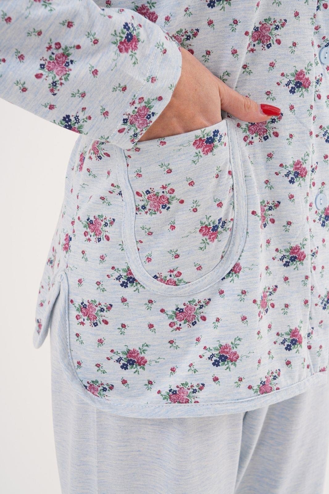 Mecit 6315 Mavi Kadın Boydan Düğmeli Büyük Beden Pijama Takımı
