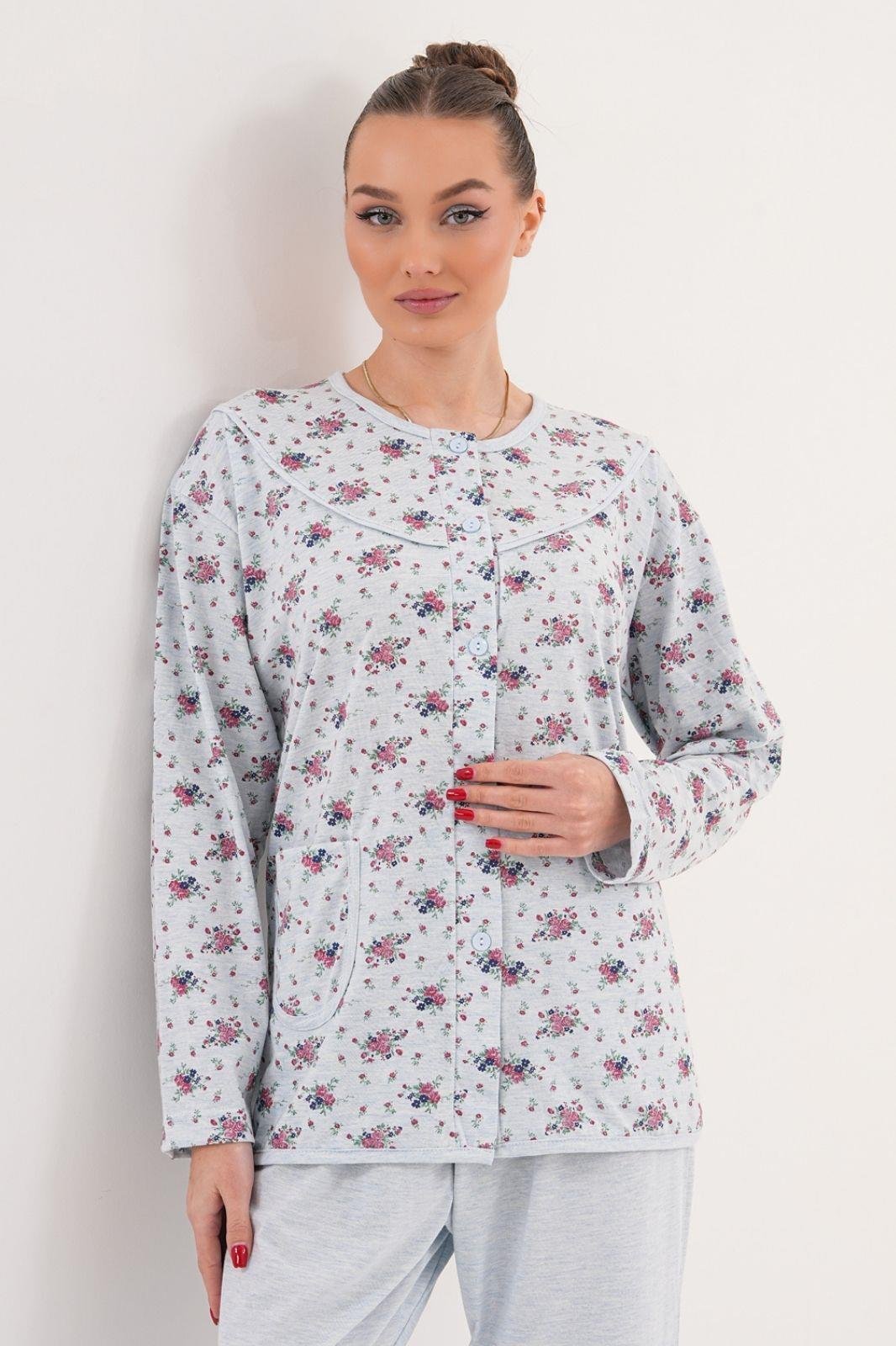 Mecit 6315 Mavi Kadın Boydan Düğmeli Büyük Beden Pijama Takımı
