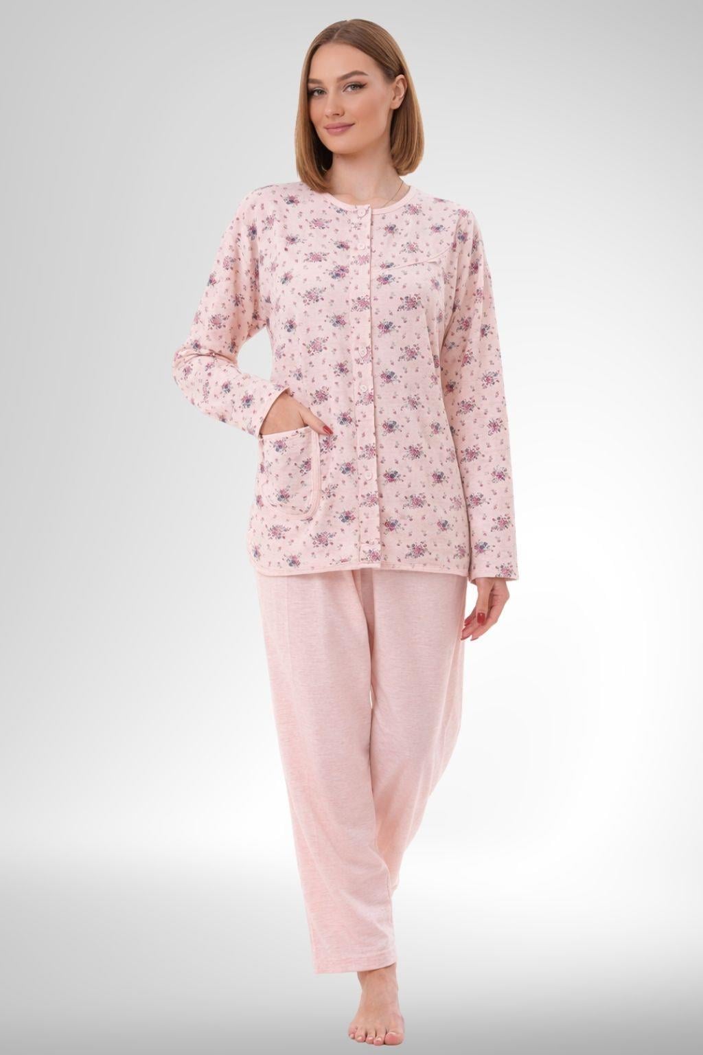Mecit 6315 Pudra Kadın Boydan Düğmeli Büyük Beden Pijama Takımı