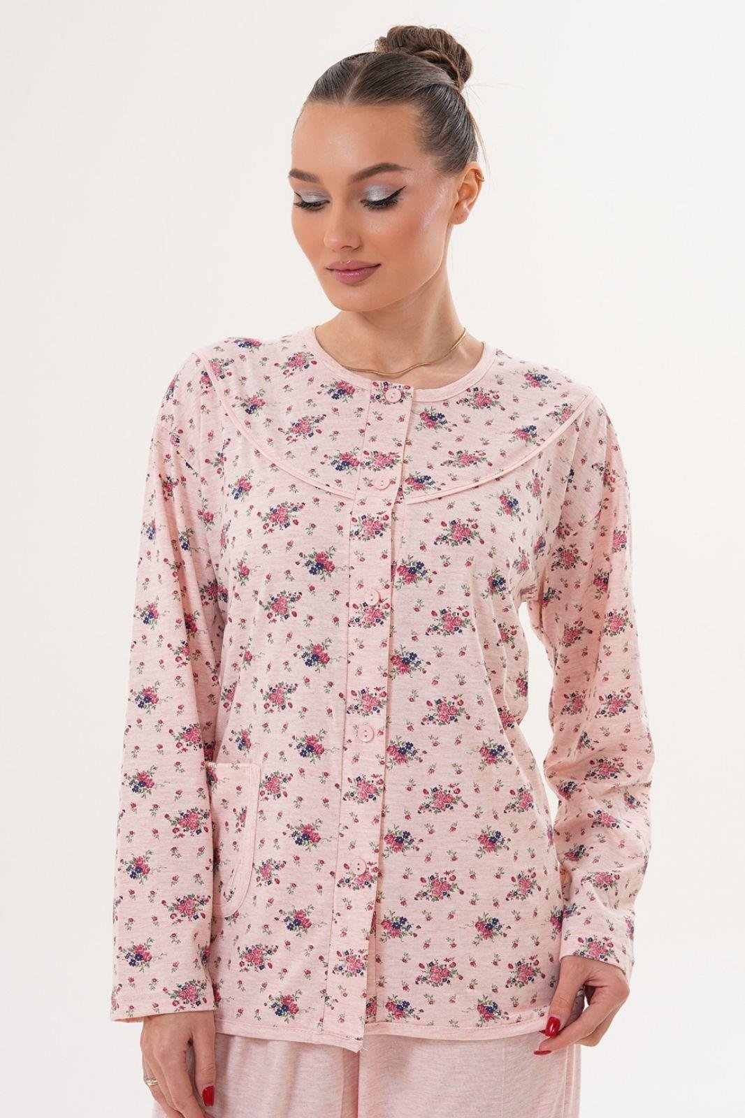 Mecit 6315 Pudra Kadın Boydan Düğmeli Büyük Beden Pijama Takımı