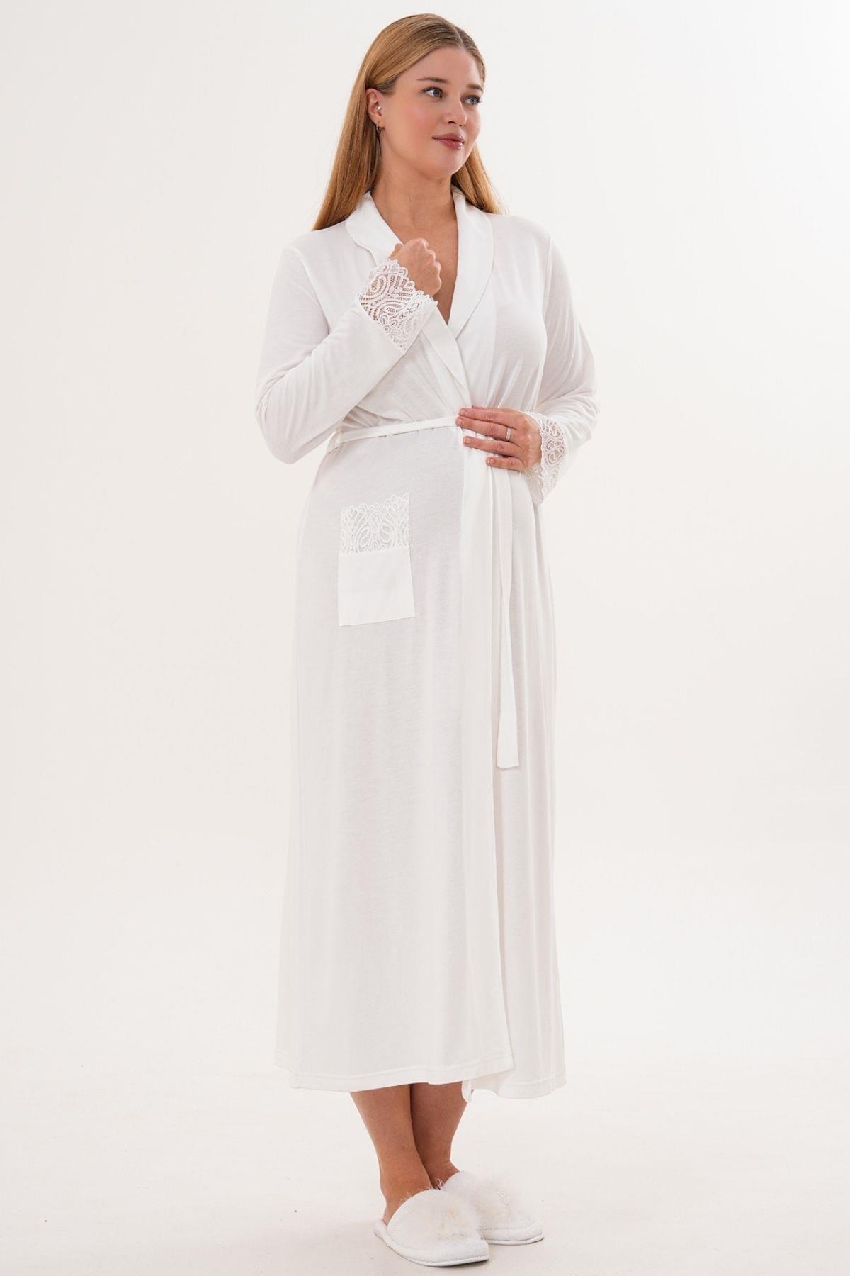 Mecit 6332 Ekru Sabahlık Gecelik Pijama Hamile Lohusa Set