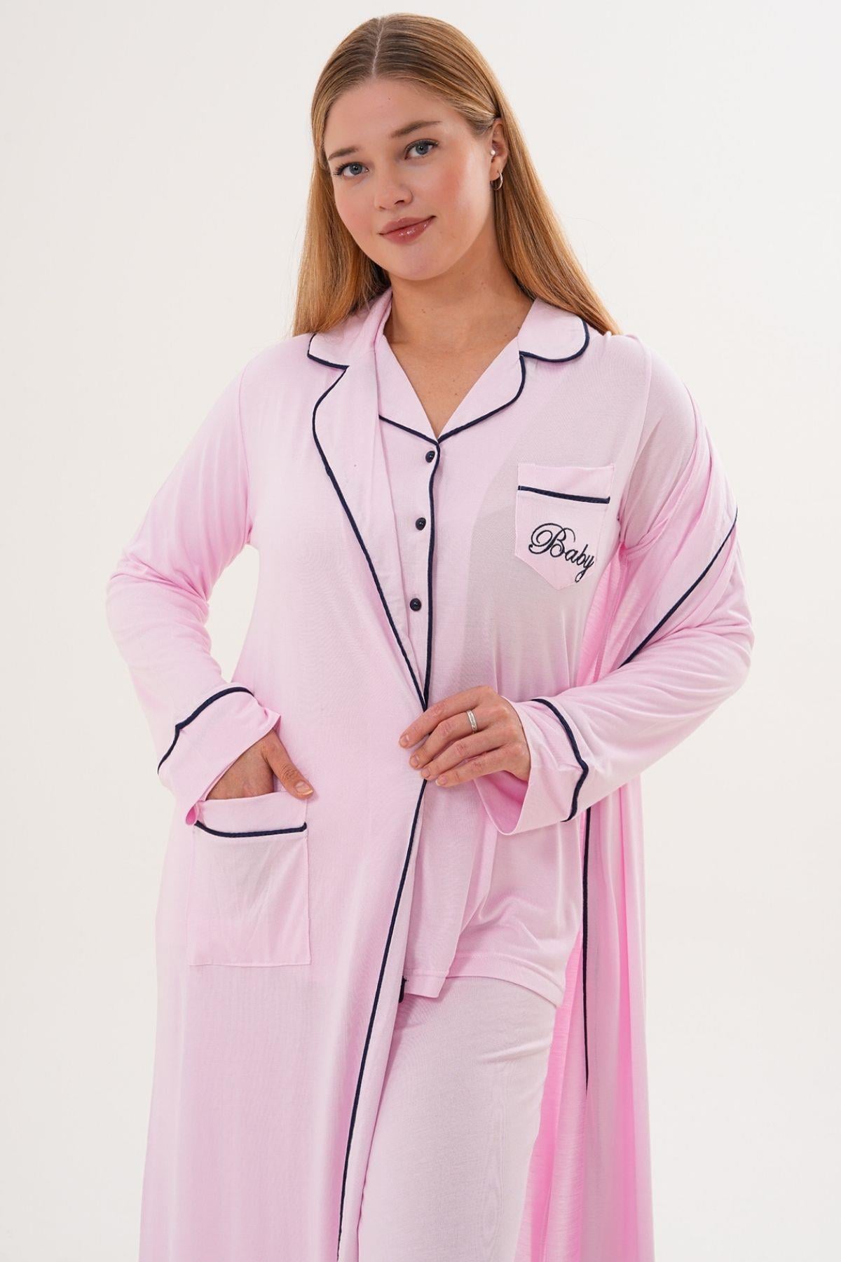 Mecit 6333 Pembe Kadın Sabahlıklı Boydan Düğmeli Pijama Takımı