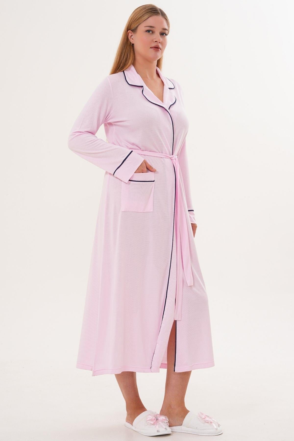 Mecit 6333 Pembe Kadın Sabahlıklı Boydan Düğmeli Pijama Takımı