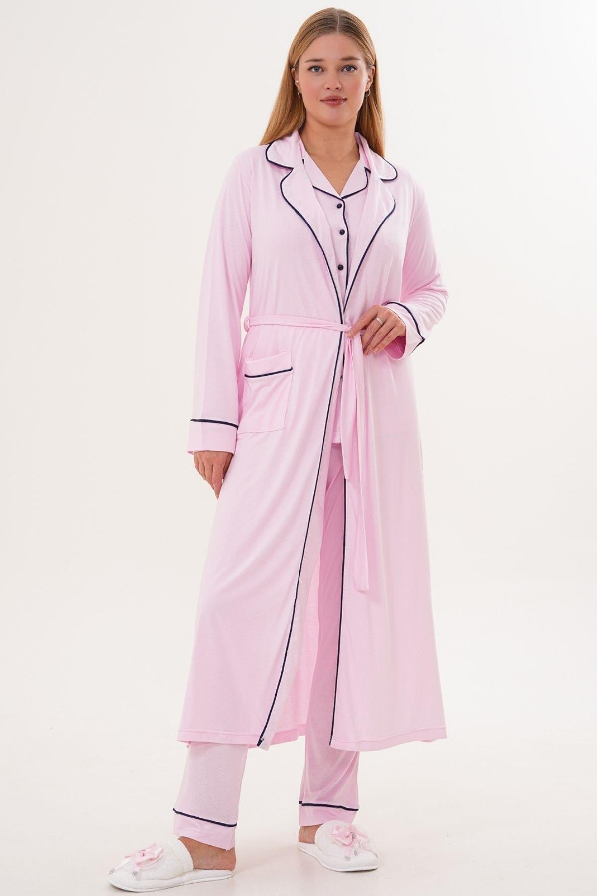 Mecit 6333 Pembe Kadın Sabahlıklı Boydan Düğmeli Pijama Takımı