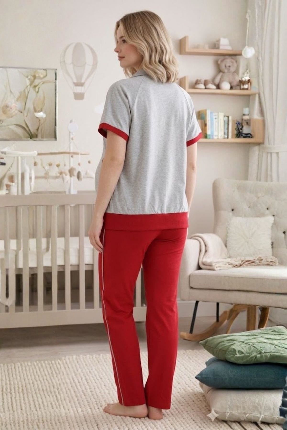 Mecit 6352 Kırmızı 3'lü Hamile Lohusa Pijama Takımı