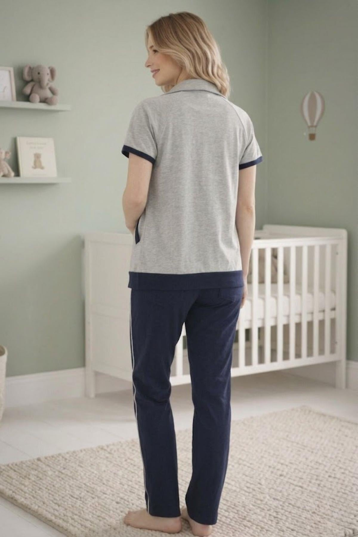 Mecit 6352 Lacivert 3'lü Hamile Lohusa Pijama Takımı