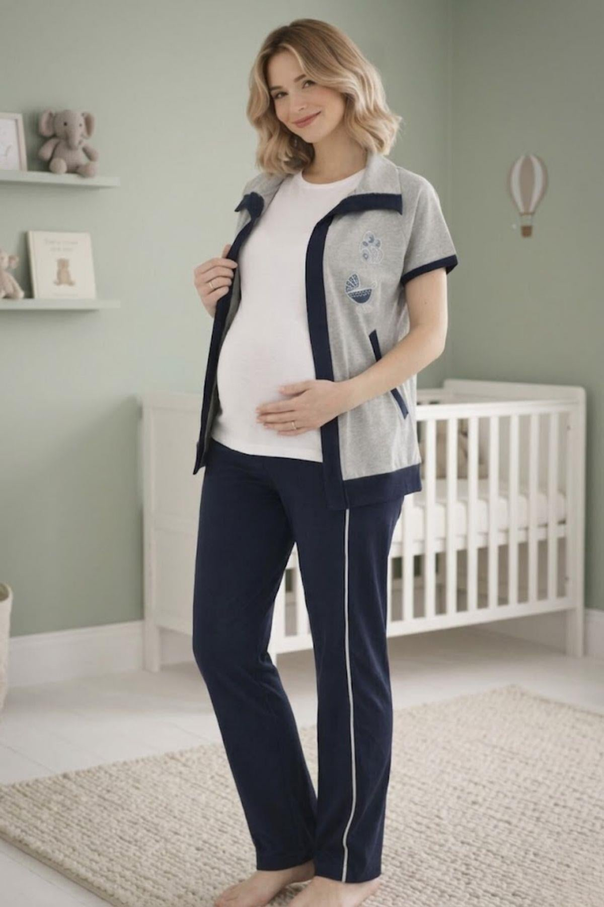 Mecit 6352 Lacivert 3'lü Hamile Lohusa Pijama Takımı