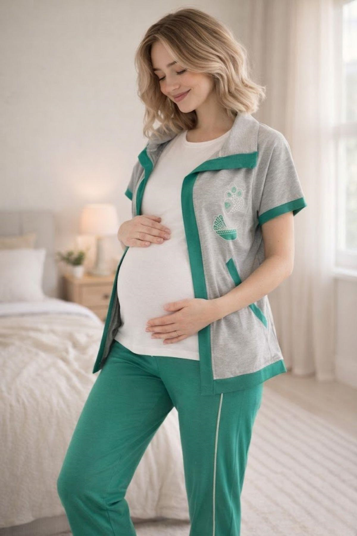 Mecit 6352 Yeşil 3'lü Hamile Lohusa Pijama Takımı