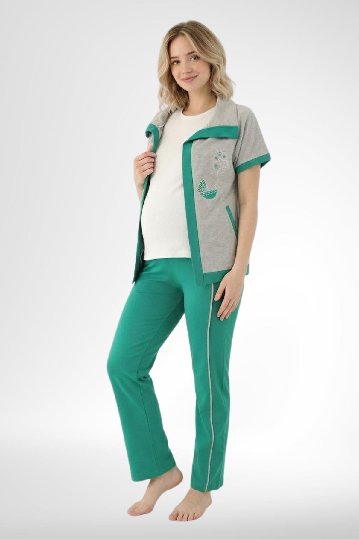 Mecit 6352 Yeşil 3'lü Hamile Lohusa Pijama Takımı