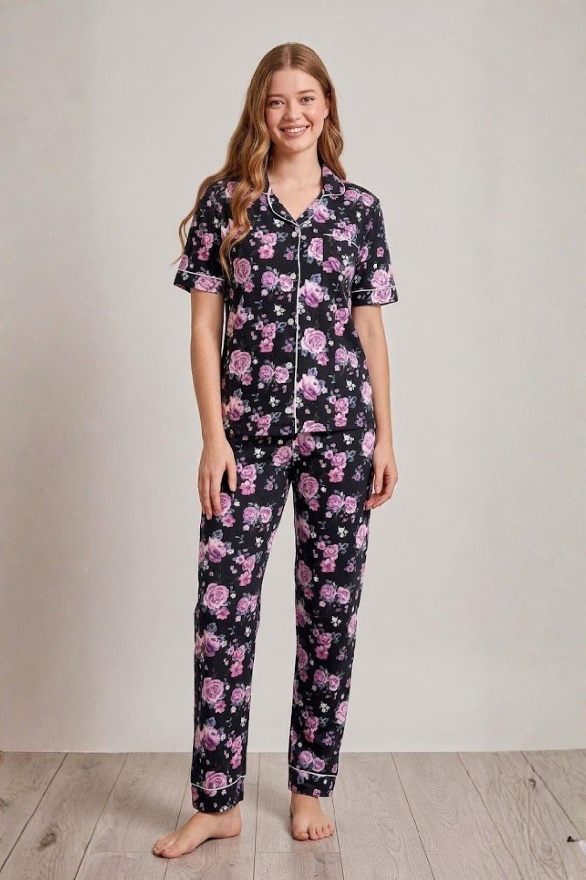 Mecit 6353 Lacivert Çiçek Desenli Boydan Düğmeli Kadın Pijama Takımı