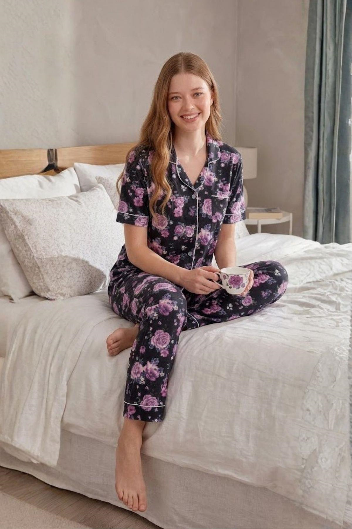 Mecit 6353 Lacivert Çiçek Desenli Boydan Düğmeli Kadın Pijama Takımı